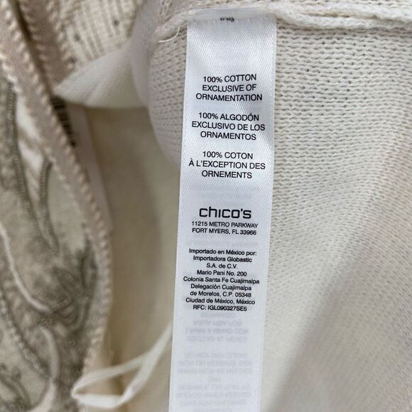 Chico's Short Sleeve Beaded Foil-Print Cardigan Sweater Gold & Ivory/Ecru Small - Picture 7 of 9